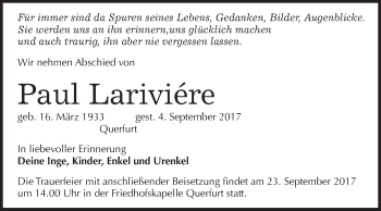 Traueranzeige von Paul Lariviére von WVG - Wochenspiegel Merseburg