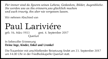 Traueranzeige von Paul Lariviére von Mitteldeutsche Zeitung Merseburg/Querfurt