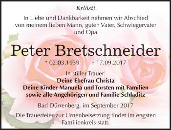 Traueranzeige von Peter Bretschneider von Mitteldeutsche Zeitung Merseburg/Querfurt