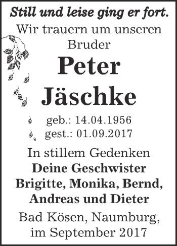 Traueranzeige von Peter Jäschke von WVG - Wochenspiegel NMB / WSF / ZTZ