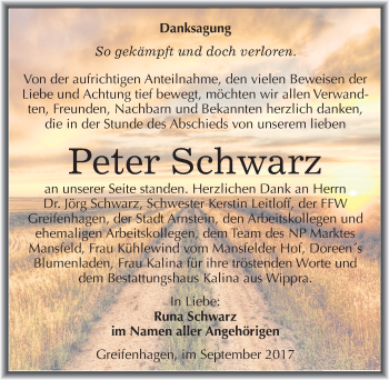 Traueranzeige von Peter Schwarz von Mitteldeutsche Zeitung Mansfelder Land