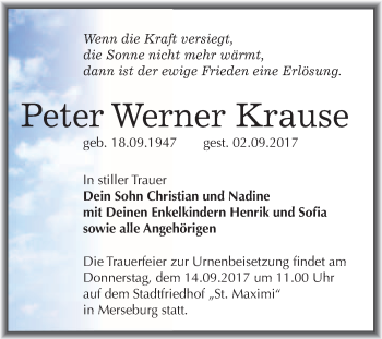 Traueranzeige von Peter Werner Krause von WVG - Wochenspiegel Merseburg