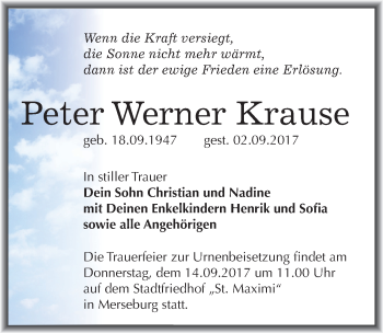 Traueranzeige von Peter Werner Krause von Mitteldeutsche Zeitung Merseburg/Querfurt