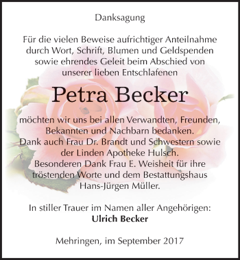 Traueranzeige von Petra Becker von Mitteldeutsche Zeitung Aschersleben