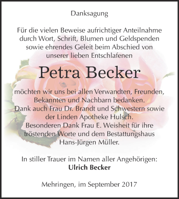 Traueranzeige von Petra Becker von Super Sonntag Aschersleben