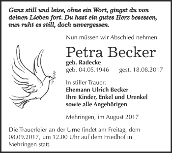 Traueranzeige von Petra Becker von Super Sonntag Aschersleben