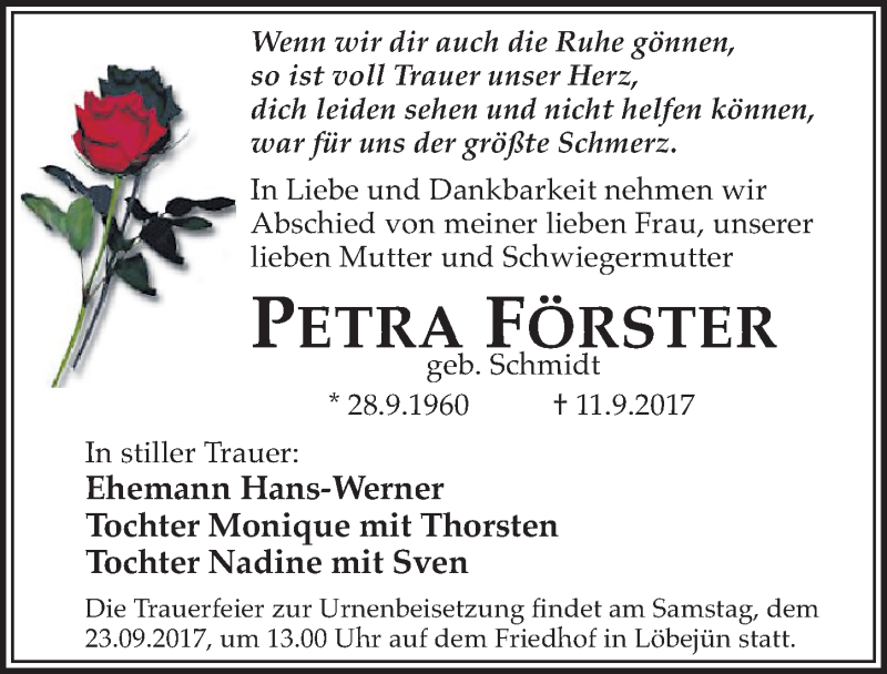  Traueranzeige für Petra Förster vom 20.09.2017 aus Mitteldeutsche Zeitung Halle/Saalkreis