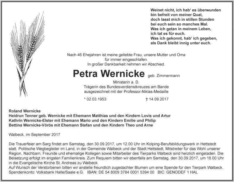  Traueranzeige für Petra Wernicke vom 23.09.2017 aus Super Sonntag SGH Mansf. Land