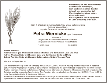 Traueranzeige von Petra Wernicke von Super Sonntag SGH Mansf. Land