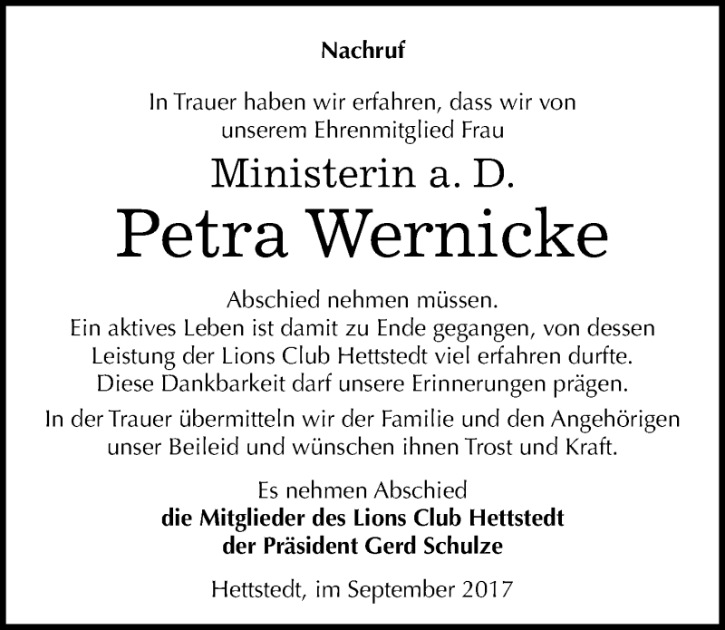  Traueranzeige für Petra Wernicke vom 23.09.2017 aus Mitteldeutsche Zeitung Mansfelder Land
