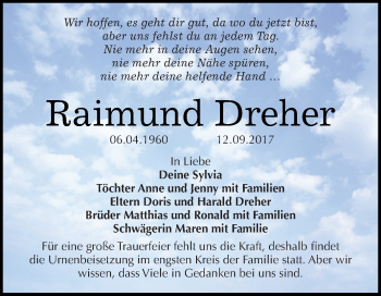 Traueranzeige von Raimund Dreher von WVG - Wochenspiegel Dessau / Köthen