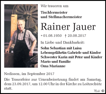 Traueranzeige von Rainer Jauer von Super Sonntag Zeitz