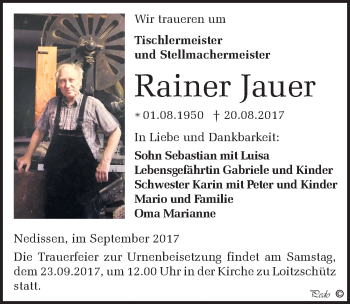 Traueranzeige von Rainer Jauer von Mitteldeutsche Zeitung Zeitz