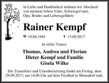 Traueranzeige von Rainer Kempf von Mitteldeutsche Zeitung Dessau-Roßlau
