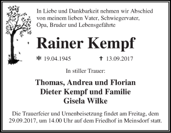 Traueranzeige von Rainer Kempf von WVG - Wochenspiegel Dessau / Köthen
