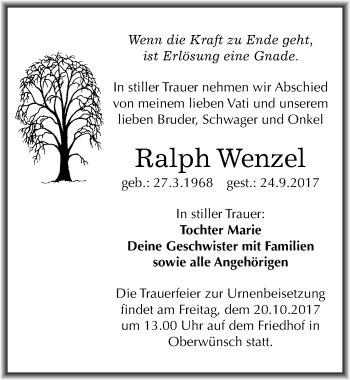 Traueranzeige von Ralph Wenzel von Mitteldeutsche Zeitung Merseburg/Querfurt