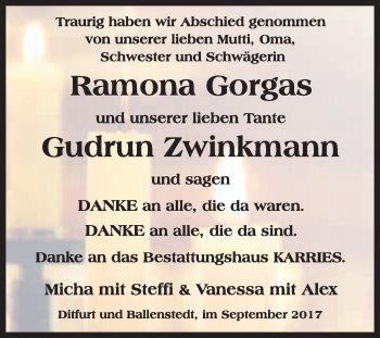 Traueranzeige von Ramona und Gudrun  von WVG - Wochenspiegel Quedlinburg