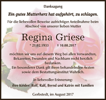 Traueranzeige von Regina Griese von Wochenspiegel Mansfelder Land