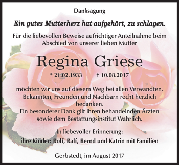 Traueranzeige von Regina Griese von Mitteldeutsche Zeitung Mansfelder Land