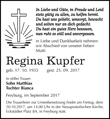 Traueranzeige von Regina Kupfer von Mitteldeutsche Zeitung Naumburg/Nebra