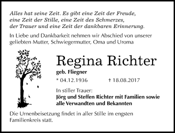 Traueranzeige von Regina Richter von Mitteldeutsche Zeitung Bitterfeld