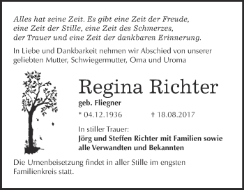 Traueranzeige von Regina Richter von WVG - Wochenspiegel Bitterfeld