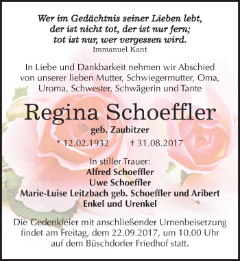 Traueranzeige von Regina Schoeffler von Mitteldeutsche Zeitung Halle/Saalkreis