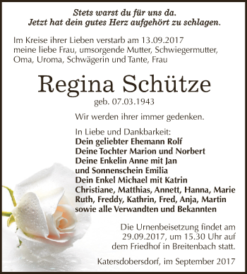 Traueranzeige von Regina Schütze von Super Sonntag Zeitz