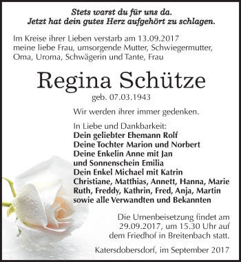 Traueranzeige von Regina Schütze von Mitteldeutsche Zeitung Zeitz