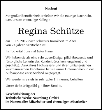 Traueranzeige von Regina Schütze von Mitteldeutsche Zeitung Naumburg/Nebra