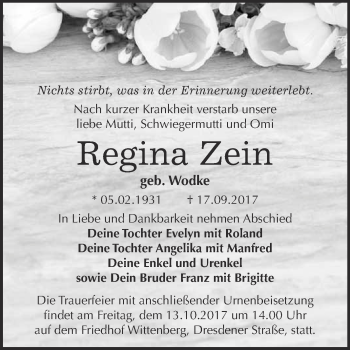 Traueranzeige von Regina Zein von WVG - Wochenspiegel Wittenberg