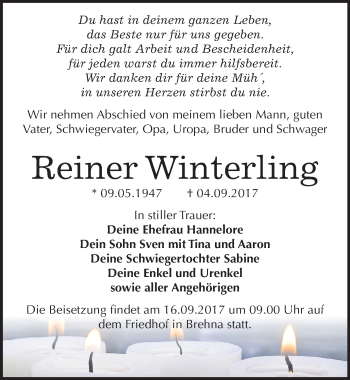 Traueranzeige von Reiner Winterling von Mitteldeutsche Zeitung Bitterfeld