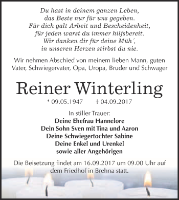 Traueranzeige von Reiner Winterling von WVG - Wochenspiegel Bitterfeld
