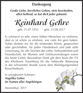 Traueranzeige von Reinhard Gehre von WVG - Wochenspiegel NMB / WSF / ZTZ