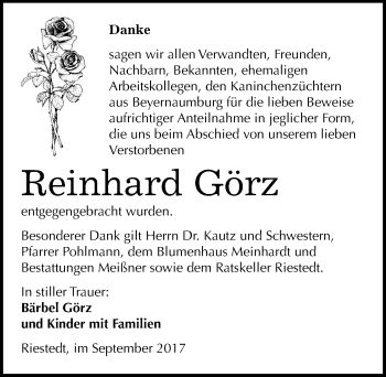 Traueranzeige von Reinhard Görz von Mitteldeutsche Zeitung Sangerhausen