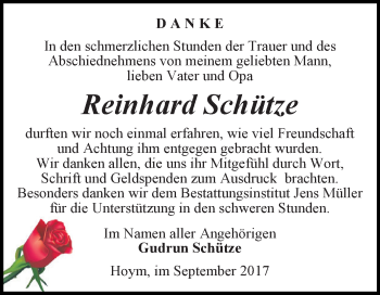 Traueranzeige von Reinhard Schütze von Super Sonntag Aschersleben