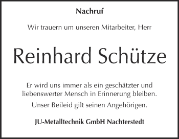 Traueranzeige von Reinhard Schütze von Super Sonntag Aschersleben