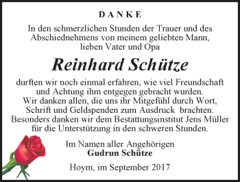 Traueranzeige von Reinhard Schütze von Mitteldeutsche Zeitung Aschersleben