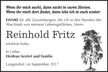 Traueranzeige von Reinhold Fritz von Super Sonntag Zeitz