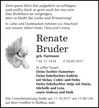 Traueranzeige von Renate Bruder von Mitteldeutsche Zeitung Bitterfeld