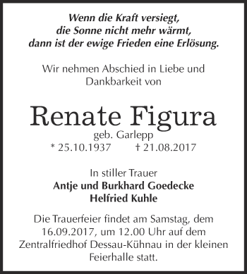 Traueranzeige von Renate Figura von WVG - Wochenspiegel Dessau / Köthen