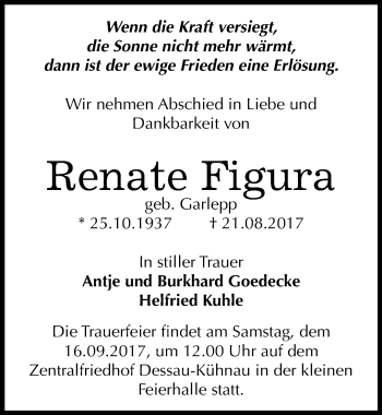 Traueranzeige von Renate Figura von Mitteldeutsche Zeitung Dessau-Roßlau