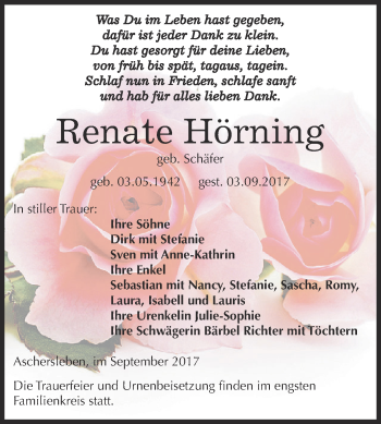 Traueranzeige von Renate Hörning von Super Sonntag Aschersleben