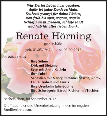 Traueranzeige von Renate Hörning von Mitteldeutsche Zeitung Aschersleben