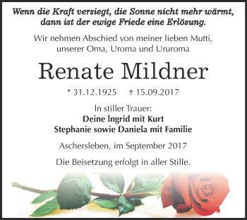 Traueranzeige von Renate Mildner von Super Sonntag Aschersleben