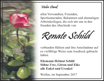 Traueranzeige von Renate Schild von WVG - Wochenspiegel Bitterfeld