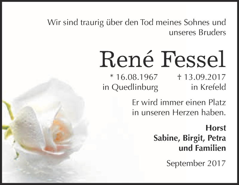  Traueranzeige für Rene Fessel vom 30.09.2017 aus Super Sonntag Quedlinburg