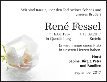 Traueranzeige von Rene Fessel von Mitteldeutsche Zeitung Quedlinburg