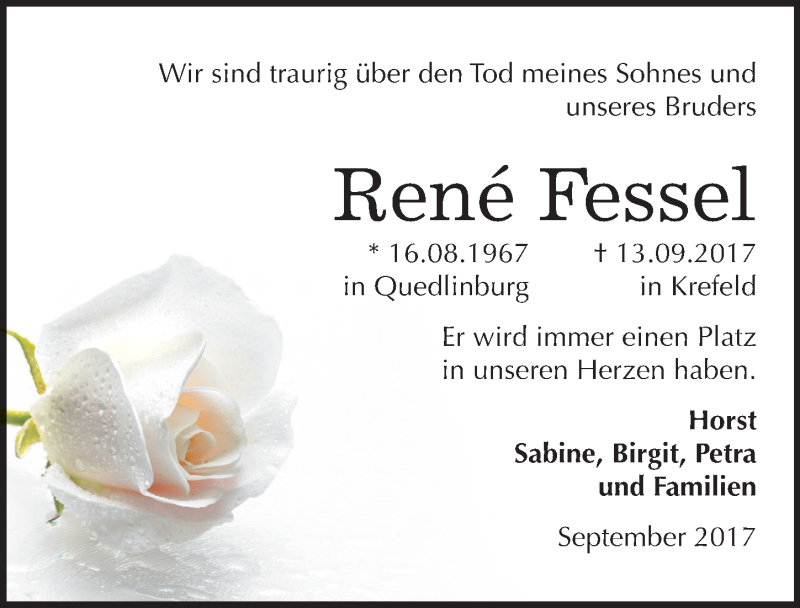  Traueranzeige für Rene Fessel vom 30.09.2017 aus Mitteldeutsche Zeitung Quedlinburg