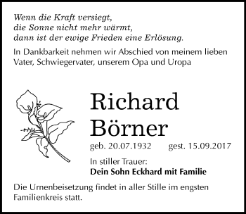 Traueranzeige von Richard Börner von Mitteldeutsche Zeitung Bitterfeld